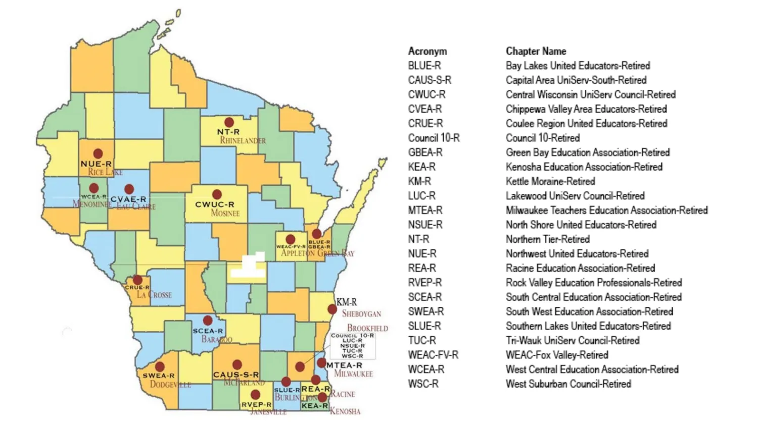 WEAC Retired chapter map with list of chapters and their acronyms