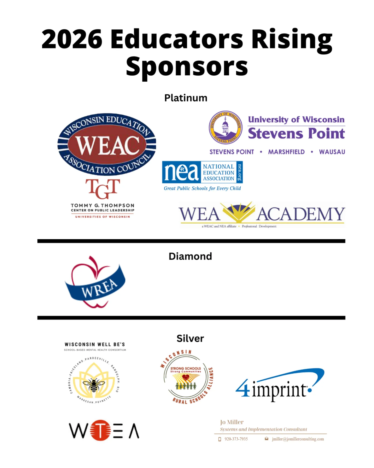 Educators Rising Wisconsin 2026 sponsors including WEAC, UW Stevens Point, Tomy G Thompson Center, NEA, WEA Academy, WREA, Wisconsin Well Be's 4imprint, WTEA, Wisconsin Rural Schools Alliance