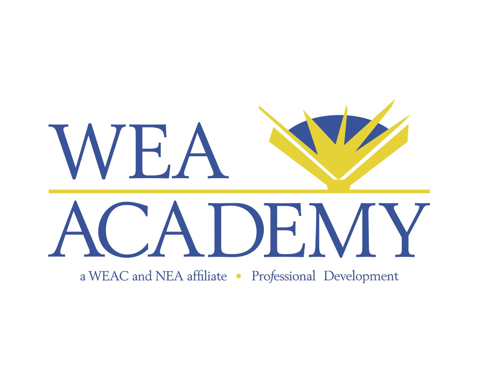 WEA Academy Logo blue lettering with yellow graphic to look like an open boo
