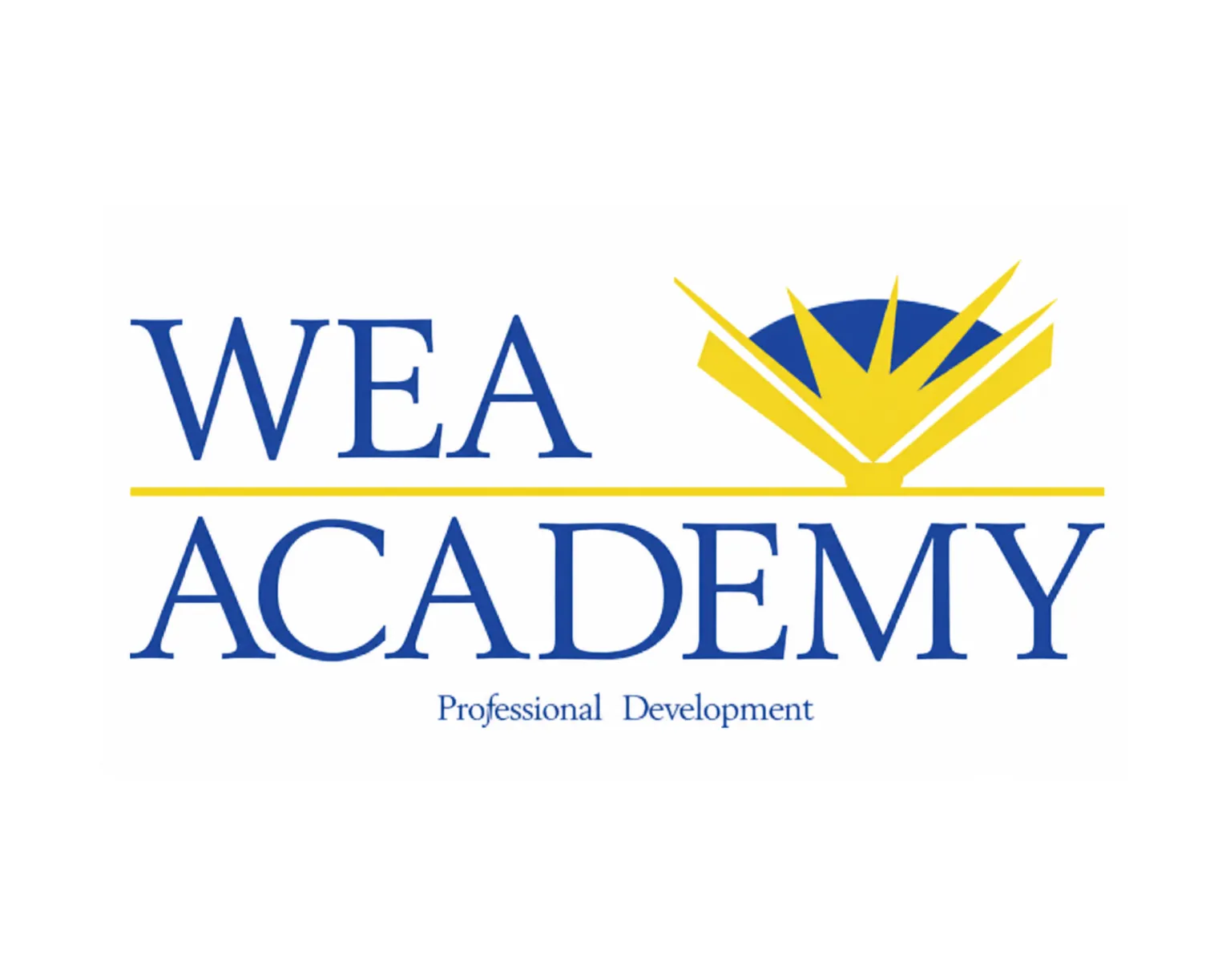 WEA Academy Logo blue lettering with yellow graphic to look like an open boo