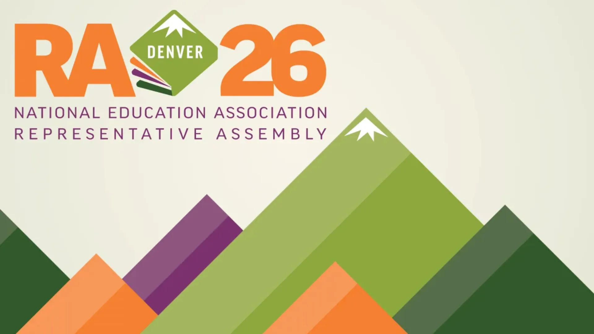 Banner for the 2026 NEA representative assembly in Denver. Image includes orange, green and purple mountains.