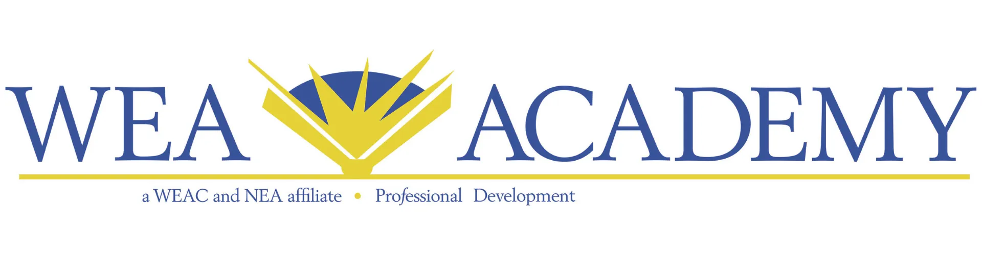WEA Academy logo blue lettering with yellow book and pages graphic