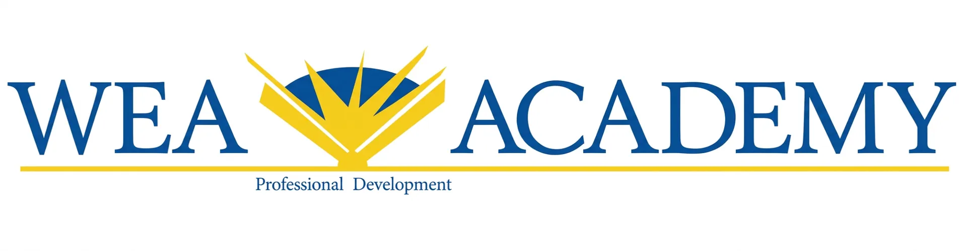 WEA Academy logo blue lettering with yellow book and pages graphic