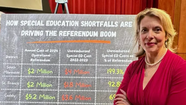 WEAC President with graph showing sources of school funding crisis